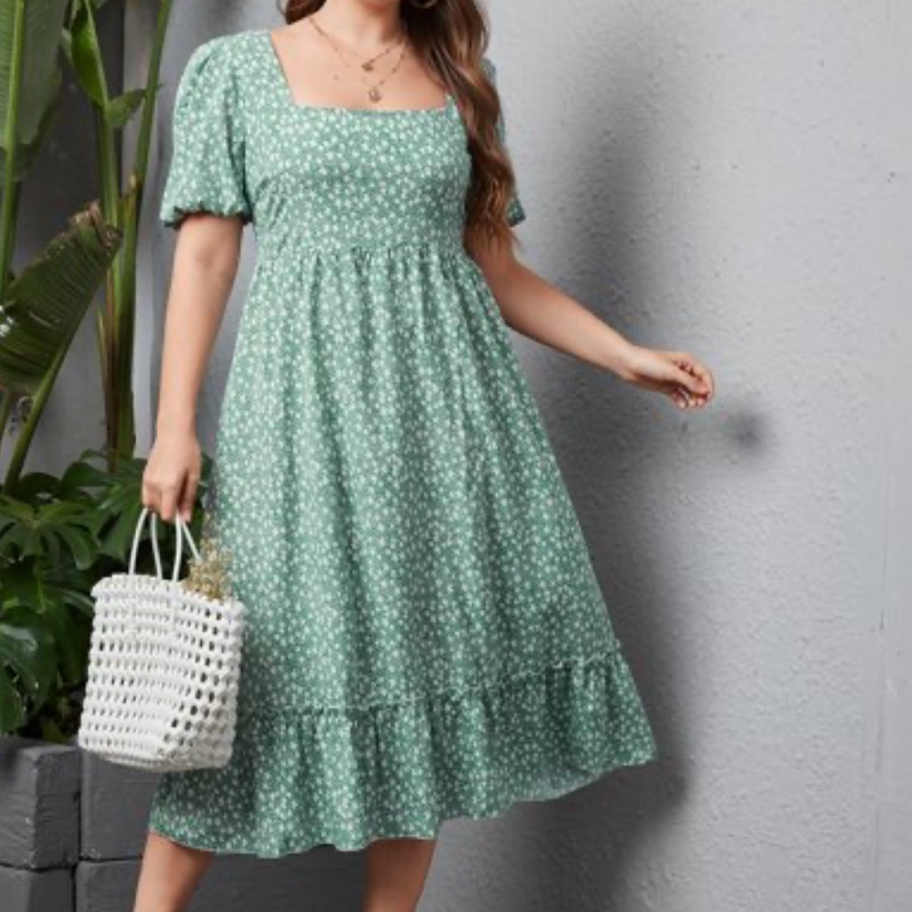 Shein Green Floral Square Neck Midi Dress